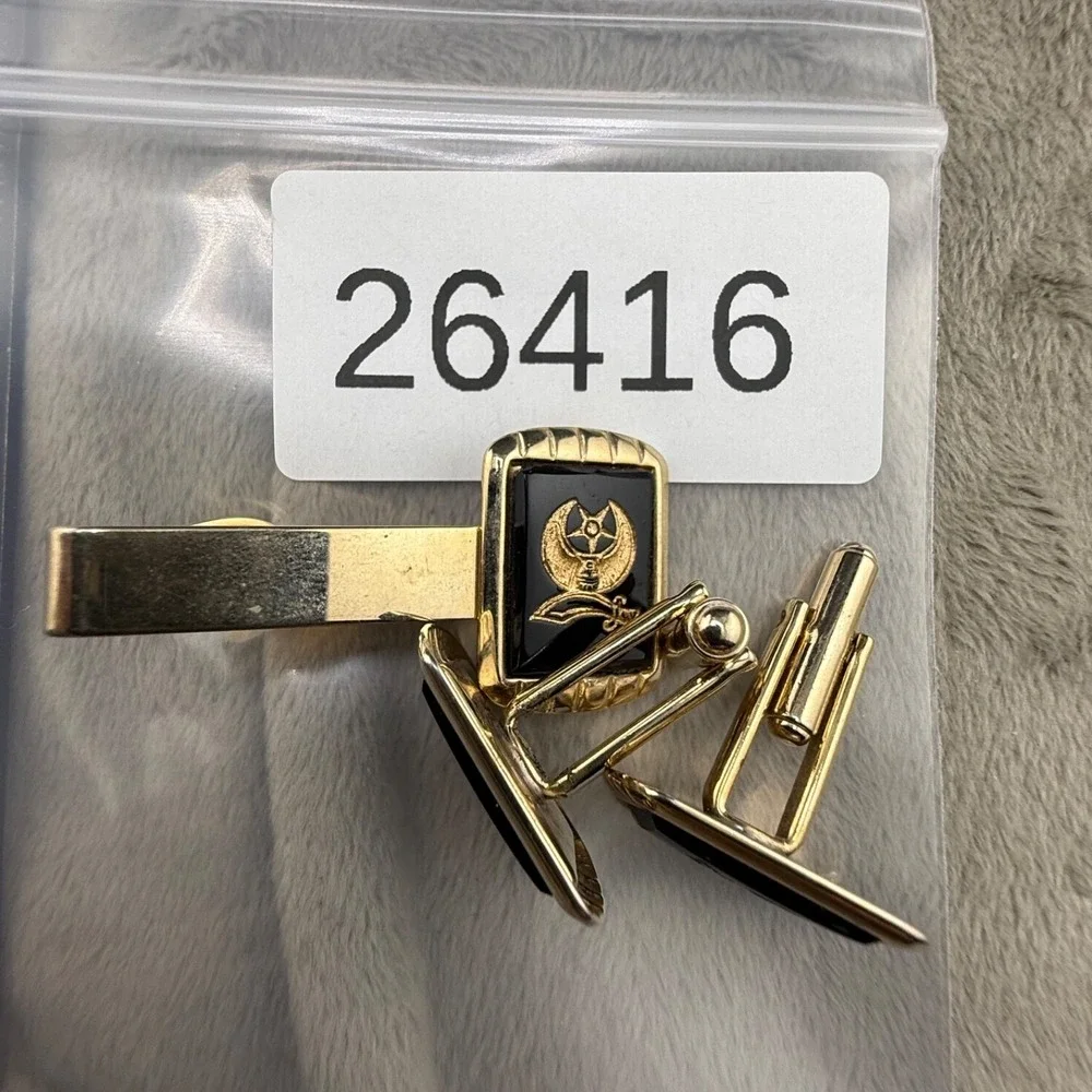 Vintage Shriner's Cufflinks Tie Clip Masons‎ Gold Tone Stone